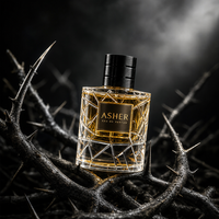 Flacon de parfum vide de luxe 50 ml en verre taillé géométrique, à facettes, côtelé, avec capuchon noir et base ronde lourde, avec boîte et logo personnalisé