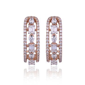 18K <b>Solid</b> Rose <b>Gold</b> Open Cage Emerald Cut Diamond <b>Huggie</b> Earrings for Women Trendy Customizable Weight Fine Jewelry - Product Image 1