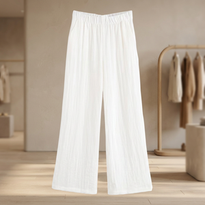Pantalon décontracté droit pour femme, nouvelle collection été 2025, taille haute élastique avec cordon de serrage, respirant, teint uni, 100% coton - Product Image 3