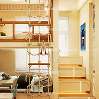 Lit superposé intégré au design moderne crème et blanc pour chambre d'enfant, avec bureau et bibliothèque pour garçons, équipé d'un loft d'accès par escalade