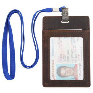 Genuine Leather ID Card Sleeve Dark Brown Translucent Window Lanyard Access <b>Control</b> Badge <b>Holder</b> Everyday Use - Product Image 5