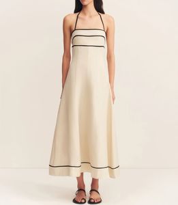 Elegante Vestido Largo Halter de Satén Crema con Ribete en Contraste Negro, Vestido Casual sin Mangas con Corte en A - Product Image 1