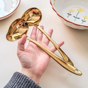 Cucharón dorado en ángulo para servir, juego de 2 piezas, para cocina, restaurante, uso en ollas calientes, utensilio de color sólido - Product Image 5