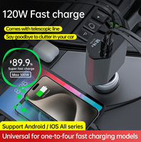 Pengisi Daya Mobil dengan Kabel Retractable PD 35W Pengisian Cepat USB C Kepala Putar 180 Derajat Mengisi Daya 4 Perangkat Tampilan Tegangan LED