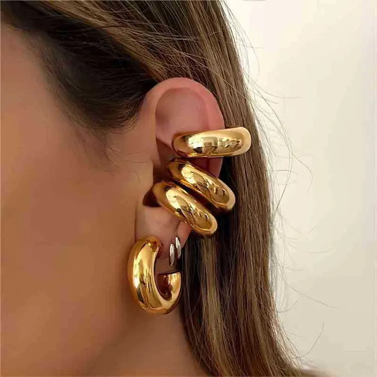 G2161 Punk Phong Cách 18K Mạ Vàng Bông Tai Thép Không Gỉ Dày Hollow Hoop Bông Tai Clip Ống Rộng Chunky Tai Cuff Cho Phụ Nữ