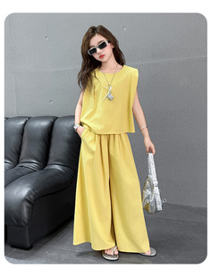 Completo Abbigliamento Bambina Estate 2026: Top Giallo Blu Senza Maniche + Pantaloni a Gamba Larga, Set 2 Pezzi Tinta Unita - Product Image 6