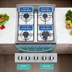 Estufa con Horno Independiente Eléctrica/<span class=keywords><strong>a</strong></span> <span class=keywords><strong>Gas</strong></span> de Acero Inoxidable con <span class=keywords><strong>4</strong></span> Quemadores, Horno, Parrilla y Control de Perilla - Product Image 2