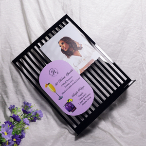 Elegantes tarjetas de menú de boda acrílicas con marco de rayas negras, Sección de recetas de bebidas ovaladas moradas y exhibición de fotos - Product Image 4