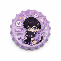 Broche personnalisée Vigreat en forme de bouchon de bouteille, en fer blanc, design unique de personnage Chibi, idéale pour un cadeau original, vente en gros