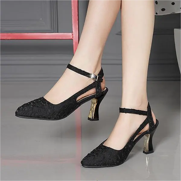 2022 Single Shoes New Baotou Women's Shoes Medium Heel Mesh Sandals Women's Pointed Toe Thick Heels Fashion