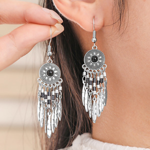 Bohemian Tassel Drop <b>Earrings</b> Antique <b>Silver</b> Plated Women's Party Jewelry Alloy <b>Long</b> Dangle <b>Earrings</b> Fashion Accessory - Product Image 1