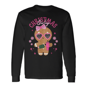 T-shirt natalizia da ragazza a maniche lunghe con motivo Gingerbread e fiocco rosa - Product Image 2