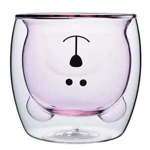 250ML Cartoon Popularity Double Wall Bear Shape Glass Cup Bear Face Cute Cups