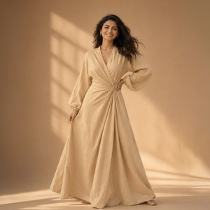 Robe longue d'été en lin bohème faite à la main, unie, col en V, manches lanternes, avec un élégant design drapé dos nu, idéale pour les vacances à la plage - Product Image 1