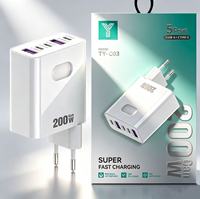 Cargador Rápido de 200W con Enchufe para EE. UU., UE y Reino Unido, 3 Puertos Tipo C + 2 USB, Cargador Rápido USB Tipo C PD para Teléfono Móvil, Adaptador de Corriente USB-C de 200W