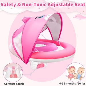 Bouée de piscine pour bébé en forme de dauphin rose avec auvent solaire réglable UPF50+ et deux chambres à air - Product Image 6