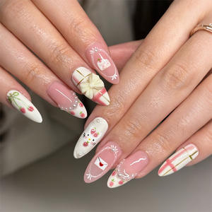 Venta al por Mayor de 24 Uds./Set de <span class=keywords><strong>Uñas</strong></span> Postizas con Diseño de Cerezas para el Día de San Valentín, Forma Almendrada Corta, Personalizables - Product Image 1