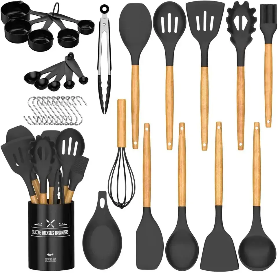 33pcs Non-Stick Silicone Cooking Kitchen Utensils Spatula Set with Holder, Wooden Handle Silicone Kitchen Gadgets