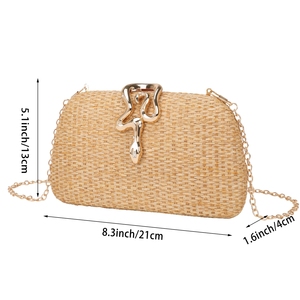 Sac de soirée élégant en paille tressée pour femme avec fermeture serpent, pochette à chaîne métallique amovible pour événements formels et vie quotidienne - Product Image 3