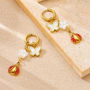 Cartoon Ladybug Butterfly Pearl Flower Drop Earrings Stainless Steel Zinc Alloy For Women Gift E6240 - Product Image 3