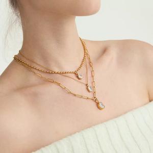 Liliflor gran oferta moda 18K chapado en oro de acero inoxidable impermeable papel Pin cadena enlace Oval circón colgante collar P253655 - Product Image 3