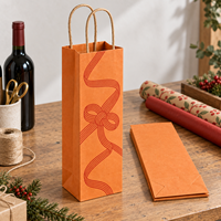 Sac cadeau en papier kraft pour bouteille unique avec cordon tressé imprimé sur le devant et poignées torsadées - Orange