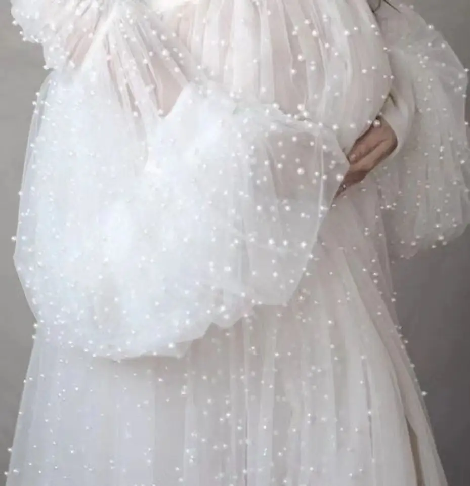 Vestido de novia de tul con cuentas de perlas grandes y pequeñas, tela de velo de fondo DIY, tela de tul suave con cuentas