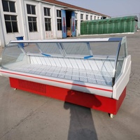 Réfrigérateur de présentation de viande en acier peint pour supermarché, vitrine incurvée à ouverture frontale et arrière, avec roulettes, 220V, numérique