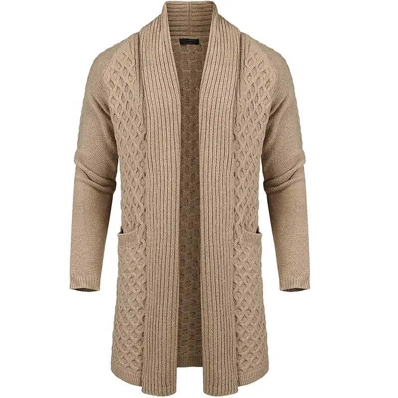 OEM Factory Customization Men's Cardigan Sweater Long Knit Jacket Thermal Wool Shawl Collar Coat