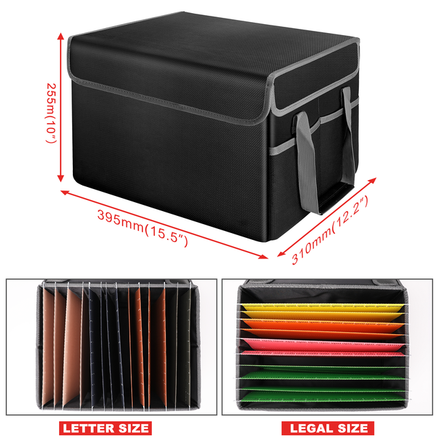 Large Black File Storage Box with Fireproof and Waterproof Properties Folding Case for Office Use Home Document Bag
