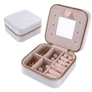 Hot <b>Sale</b> Rectangle Square Mini Travel Velvet Jewelry Storage Display Case with Mirror and Zipper <b>for</b> Pendant Earring Display - Product Image 2
