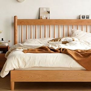 Solid Wood <b>Bed</b> 1.8m Cherry Wood Minimalist Storage Bedroom Furniture <b>Double</b> Size Nordic Style - Product Image 1