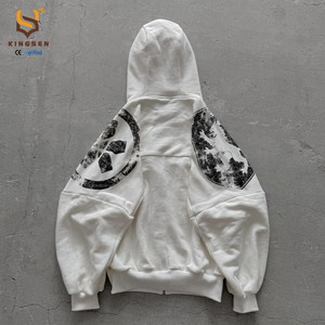 เสื้อฮู้ดดี้ทรงโอเวอร์ไซส์แบบครอป ดีไซน์ใหม่ตามสั่งสำหรับผู้ชาย ผ้าเฟรนช์เทอร์รี่เนื้อหนา ทรงบ็อกซี่ พิมพ์ลายแบบดิสเทรส ซิปหน้า - Product Image 3