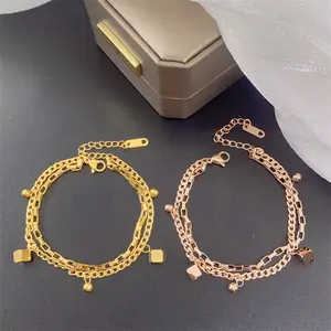 Moda 18K altın kaplama çift katmanlı küba zincir bilezik güzel top blok charm partiler için şık paslanmaz çelik bileklik