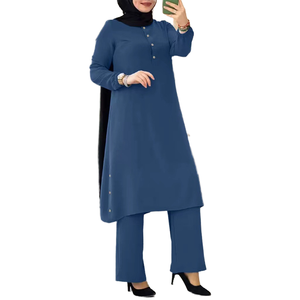 Ensemble deux pièces de tunique et pantalon Abaya uni pour l'automne, avec col rond, manches longues, boutons en bois et ourlets élastiques latéraux pour femmes musulmanes - Product Image 4