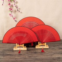 Éventail de danse classique ancienne pour femmes HZ, style chinois, pour Cheongsam, éventail pliant en bambou peint rouge vif festif