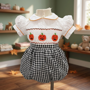 Vestido de Halloween para niñas Casalia, blanco, con bordado de calabaza, mangas abullonadas, cuello Peter Pan y falda de guinga, estilo A-Line para otoño - Product Image 2