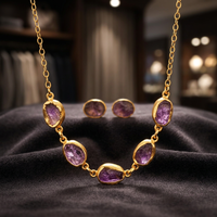 Ensemble collier et boucles d'oreilles en améthyste plaqué or bohème pour femmes, avec détails de chaîne à maillons faits à la main, bijoux statement pour mariage