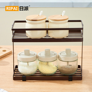 Ripai Double Layer <b>Spice</b> <b>Rack</b> With Wooden Lid Stackable <b>Kitchen</b> Storage Organizer For Seasoning Jar - Product Image 2