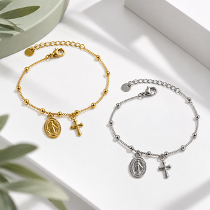 Beaded Chain <b>Cross</b> and Coin Charm <b>Bracelet</b> Stainless Steel 18K Gold Vacuum Plated Gold and <b>Silver</b> Colors - Product Image 1