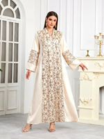 Robe Abaya Vintage en Polyester à Col en V avec Appliques Florales et Paillettes, Kaftan Modeste pour l'Aïd, Mariages et Occasions Formelles du Moyen-Orient
