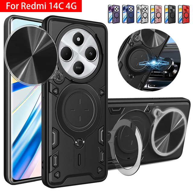 For Xiaomi Poco M7 4G Case Slide Lens Shockproof Armor Phone Cases for Redmy Note15 Pro Car Magnetic Metal Ring Stand Back Cover