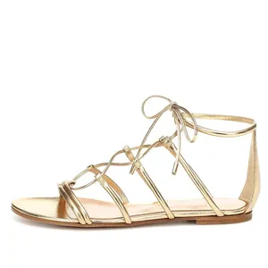 XINZI RAIN Custom Logo Ladies Summer Sandals Gold PU Leather Open Toe Strappy Women Flat Heels Shoes