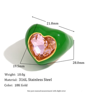 Bague ouverte en acier inoxydable plaqué or 18 carats avec cœur en émail incrusté de zircon coloré, tendance et élégante pour femme - Product Image 5