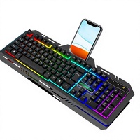 Clavier de bureau filaire FVQ307 en métal à 104 touches pour le gaming e-sport avec fente pour téléphone, rétroéclairage coloré et design en fer plaqué