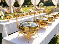 Plat de service rond de luxe en acier inoxydable doré 9L avec couvercle en verre suspendu, chauffe-plat pour buffet, idéal pour mariages, banquets et restaurants