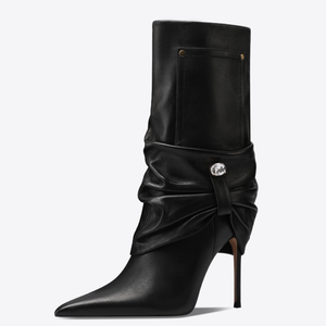 Bottes mi-mollet à bout pointu pour femme, grande taille 47, avec boucle, mi-hautes, coupe large, talons hauts, plissées - Product Image 1