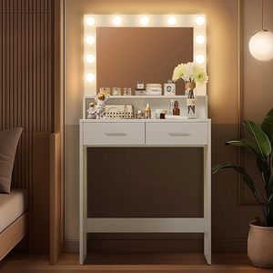 Modern Designs Simple <strong>Small</strong> <strong>Vanity</strong> Desk Dresser Set White Slim Mirror Makeup Dressing <strong>Table</strong> with Lights - Product Image 2
