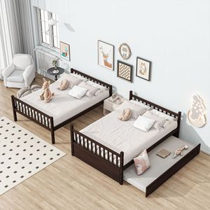 Solid <b>Wood</b> <b>Bunk</b> <b>Bed</b> With Trundle Reddish Brown Twin Size For Kids Bedroom Furniture - Product Image 2