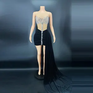 Soonvance — robe de soirée en cristal pour femmes Y2354, vêtements testés à la main, traîne, Sexy, noir et argent, de soirée, de fête
